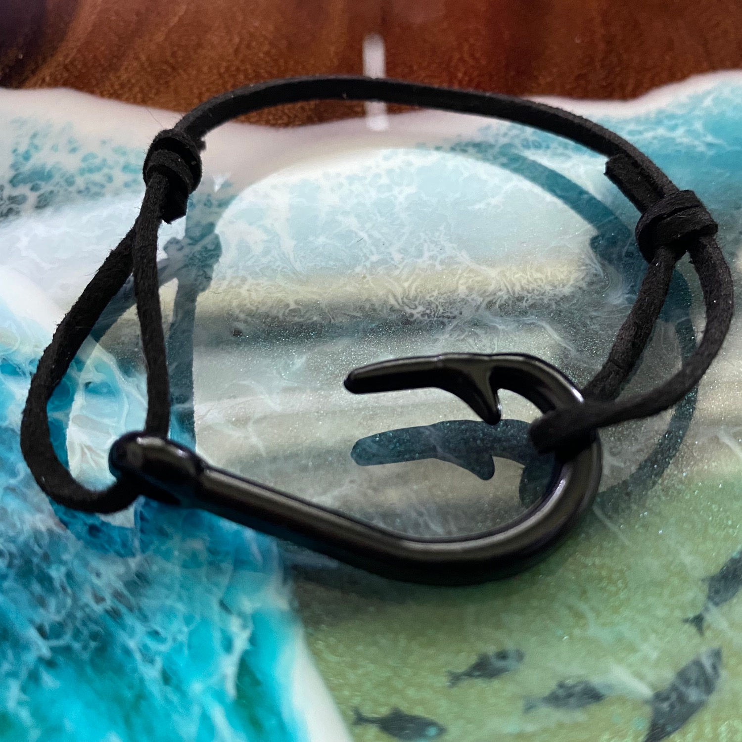 Leather Back Black Fish Hook Bracelet