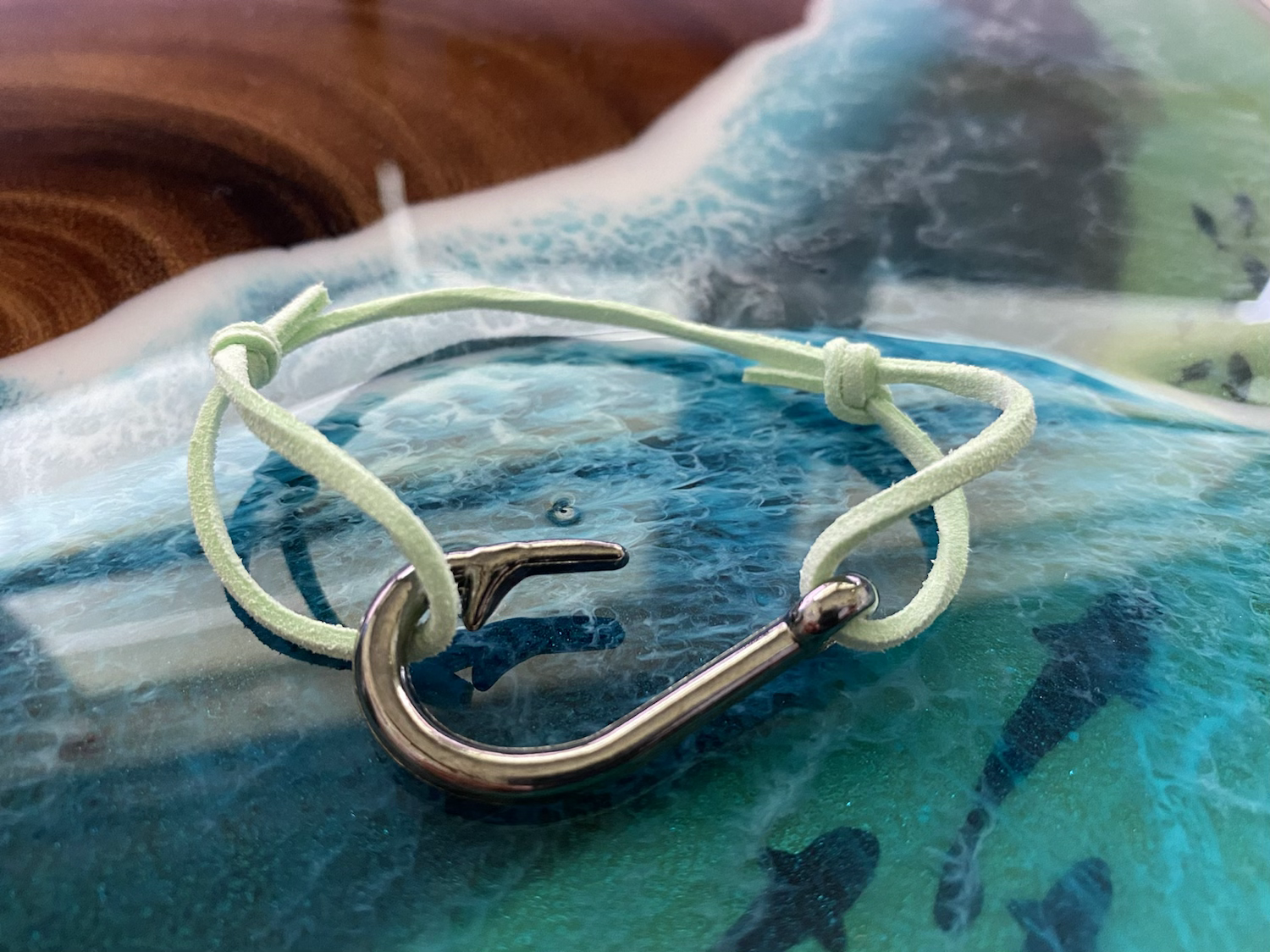 Leather Back Mint Fish Hook Bracelet