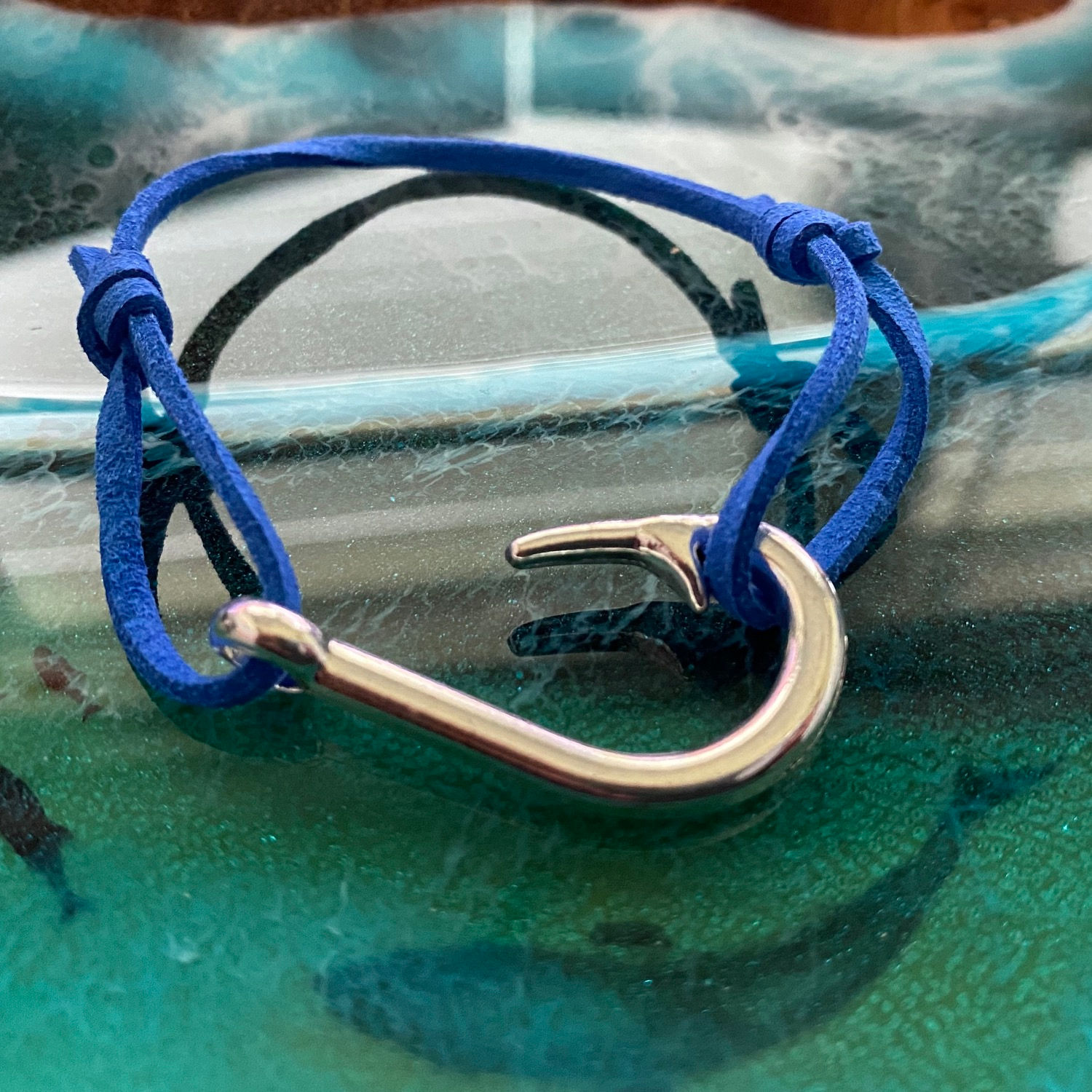 Leather Back Royal Blue Fish Hook Bracelet