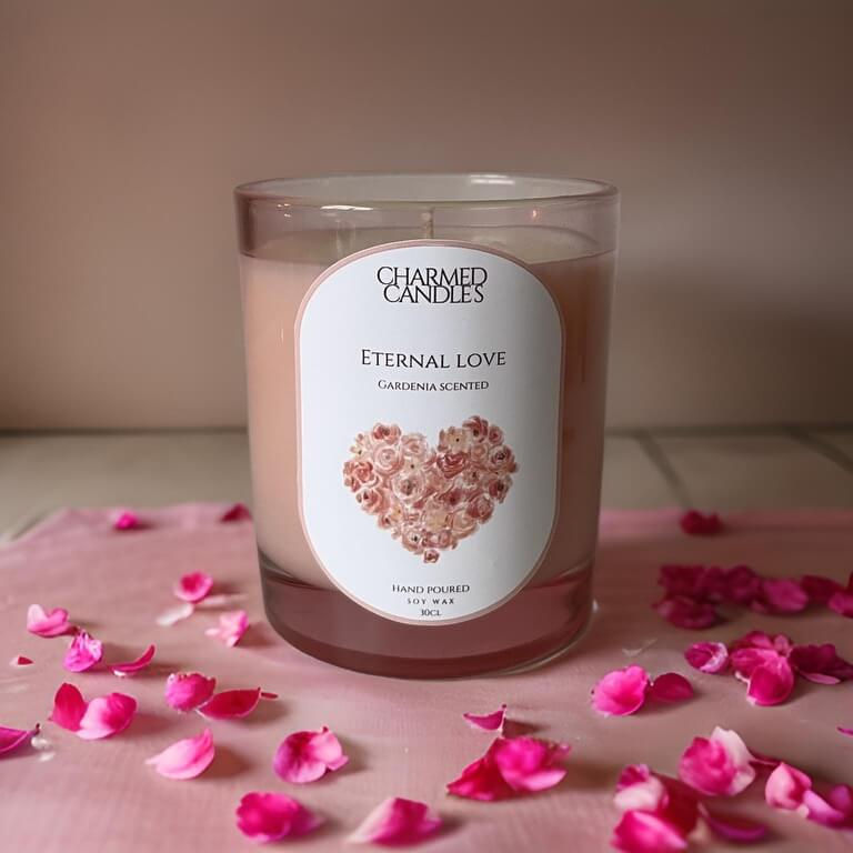 Eternal Love’ soy wax scented candle, beautifully decorated with pink petals, offering a romantic ambiance perfect for gifting.