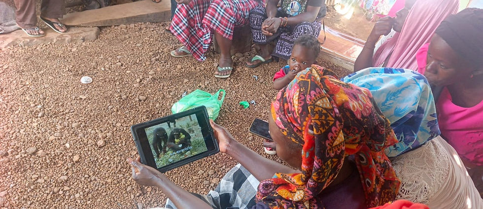 Un grupo de mujeres visiona un vídeo sobre la similitud entre humanos y chimpancés durante la sesión de sensibilización impartida por el IJGE