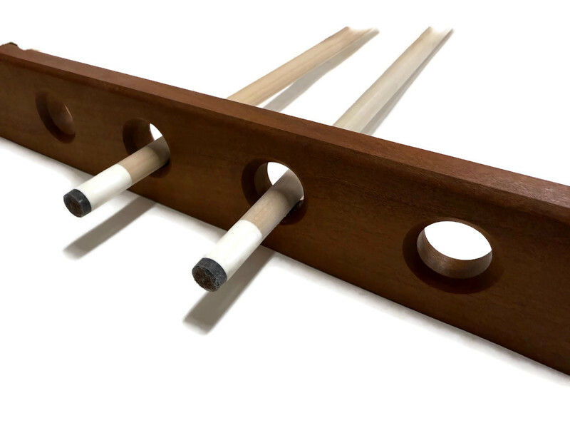 Thumbnail: Handcrafted Solid Cherry Pool Cue Rack – Wall-Mounted Billiard Stick Holder with Red Felt Lining, Holds 7 Cues for Game Room