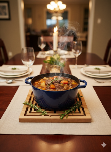 Thumbnail: Solid cherry wooden trivet holding a home cooked meal on the kitchen table