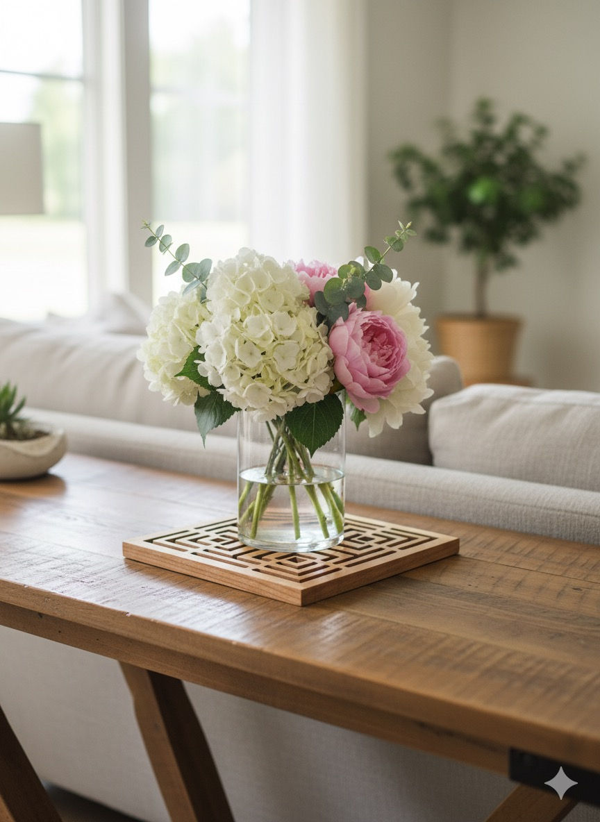 Thumbnail: Solid cherry wooden trivet holding a glass vase with flowers