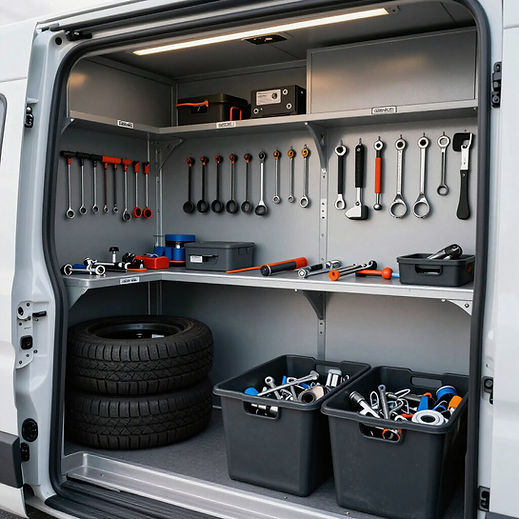 Interior workshop racking of a mobile service van neatly organised with spanners tools and spare tyres