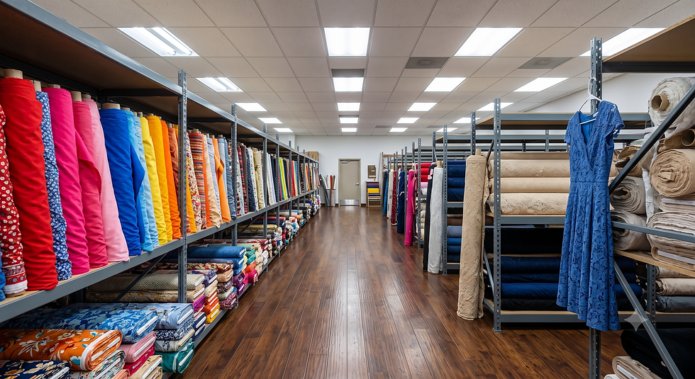 Aisle in fabric shop with shelves filled with colorful fabric bolts and a blue dress display