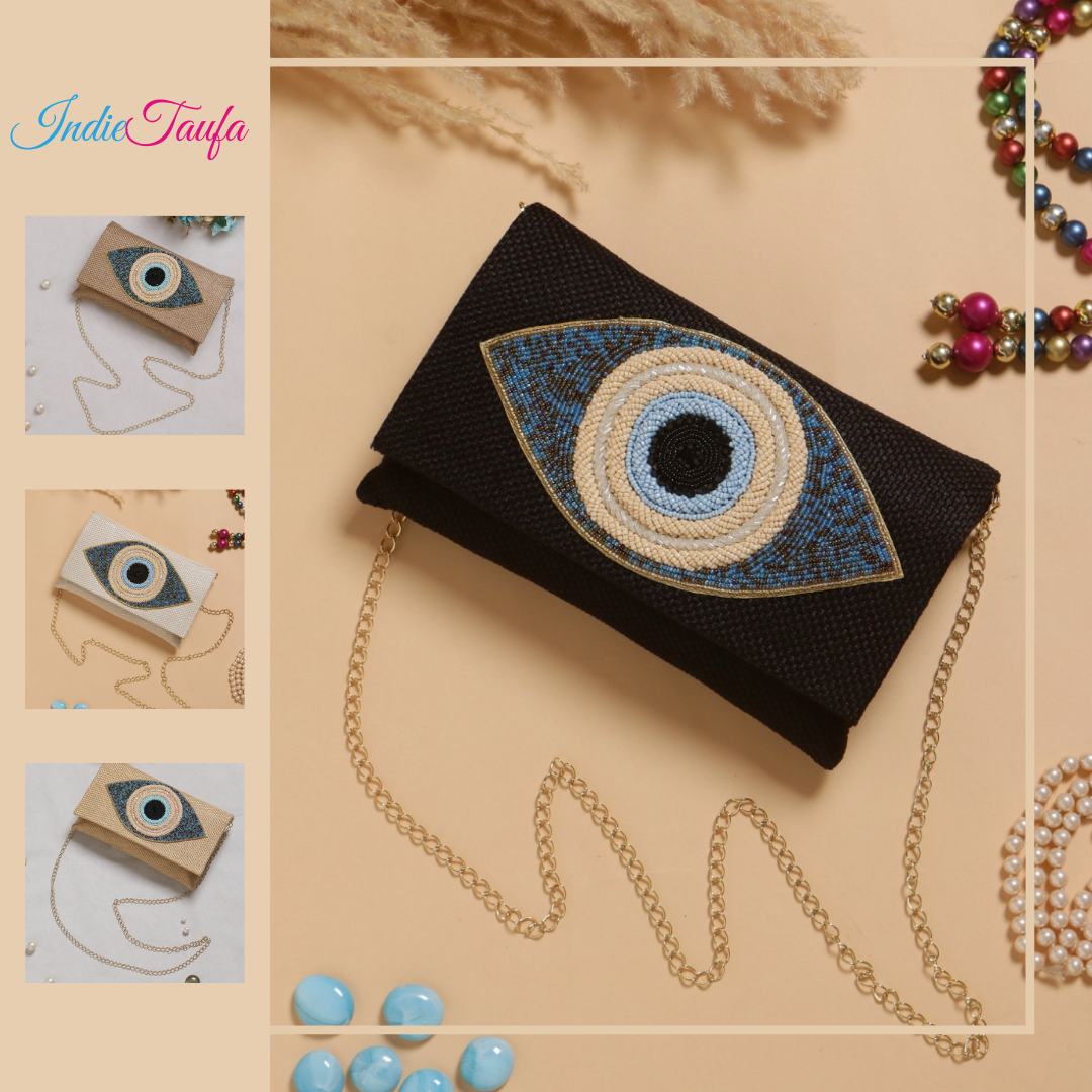 Designer Evil Eye Bag In Jute Fabric