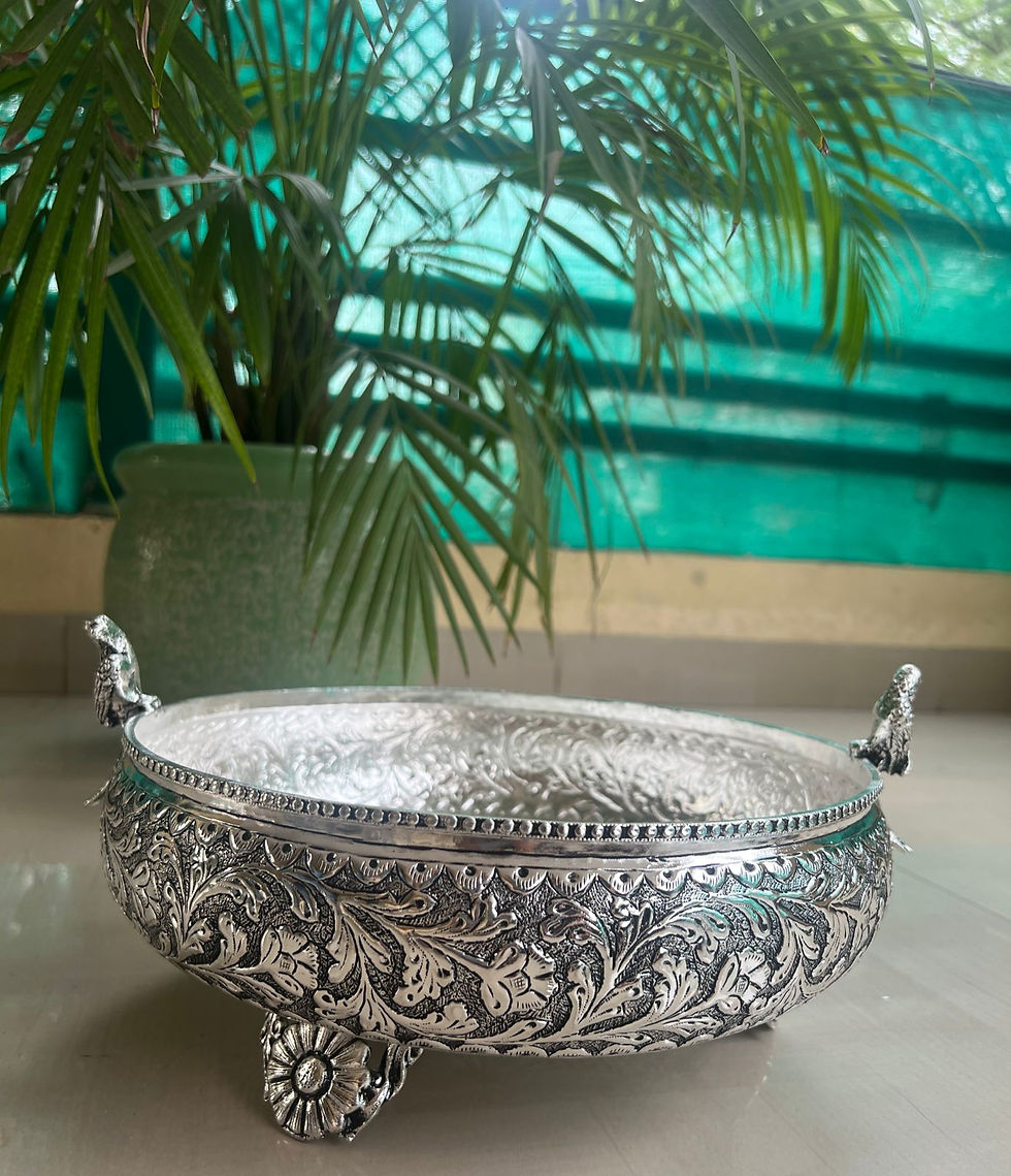 Thumbnail: 2 side parrot Round urli with beautiful floral legs and carving