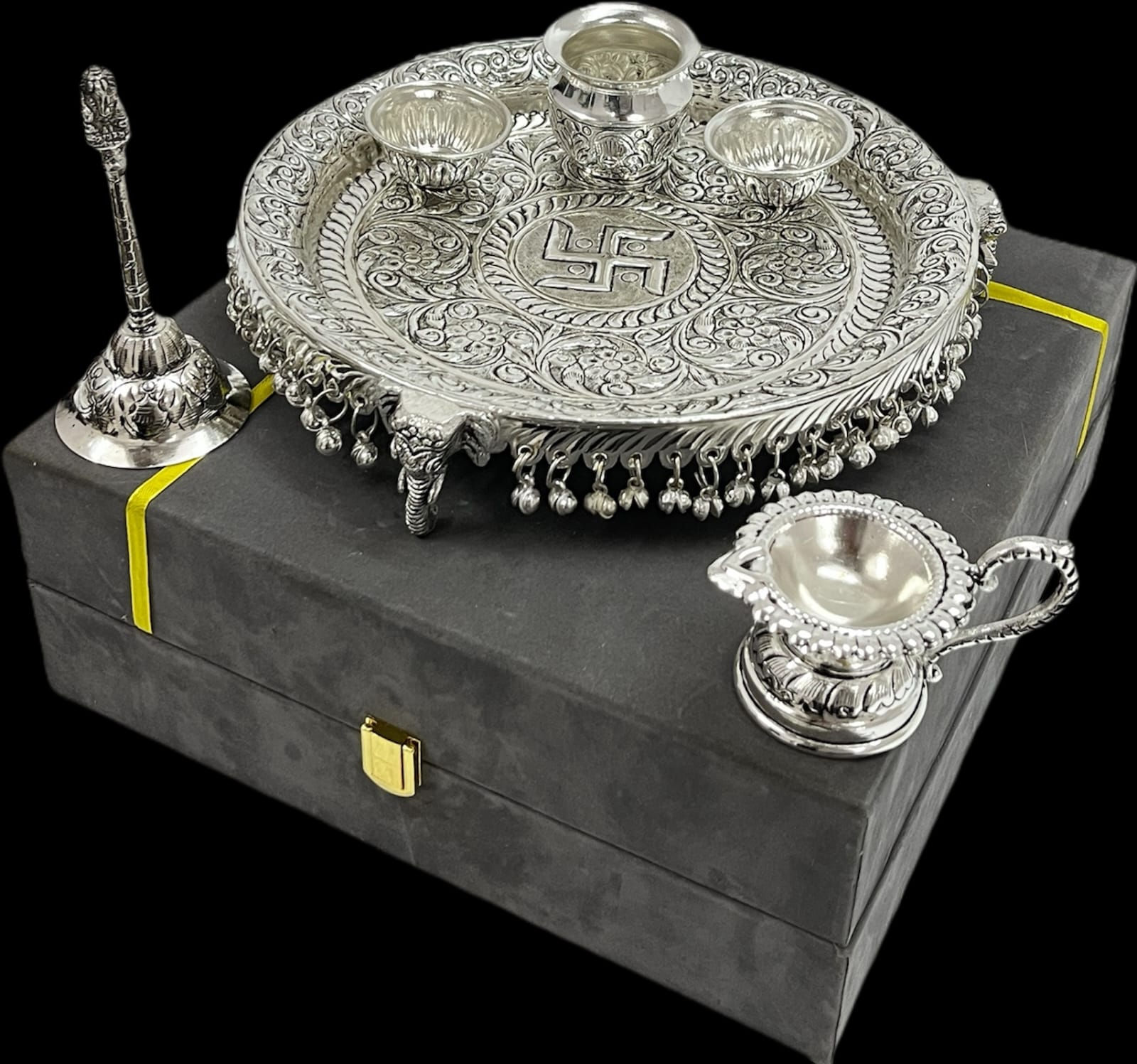 German Silver Antique Elephant Trunk (Pooja Thali Set)