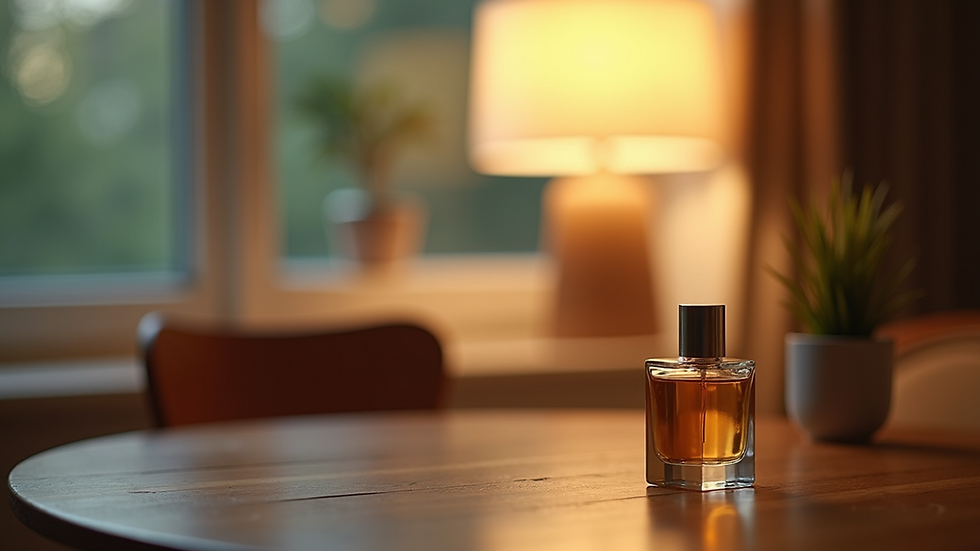 Close-up view of a Lampe Berger fragrance lamp on a wooden table