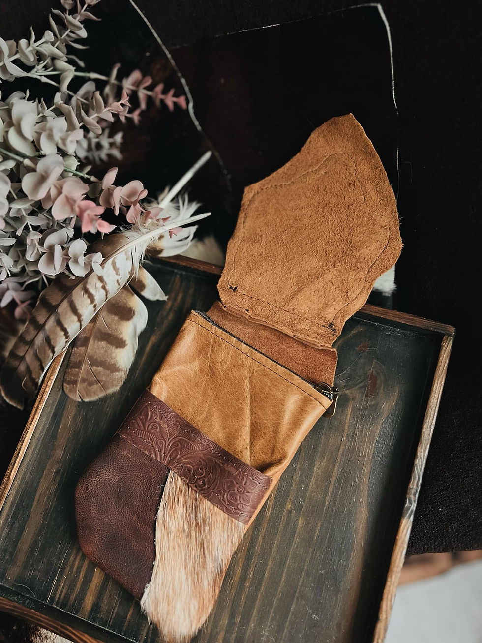 Thumbnail: Clip On Cell Phone Bag with Hand Tooled and Painted Feather