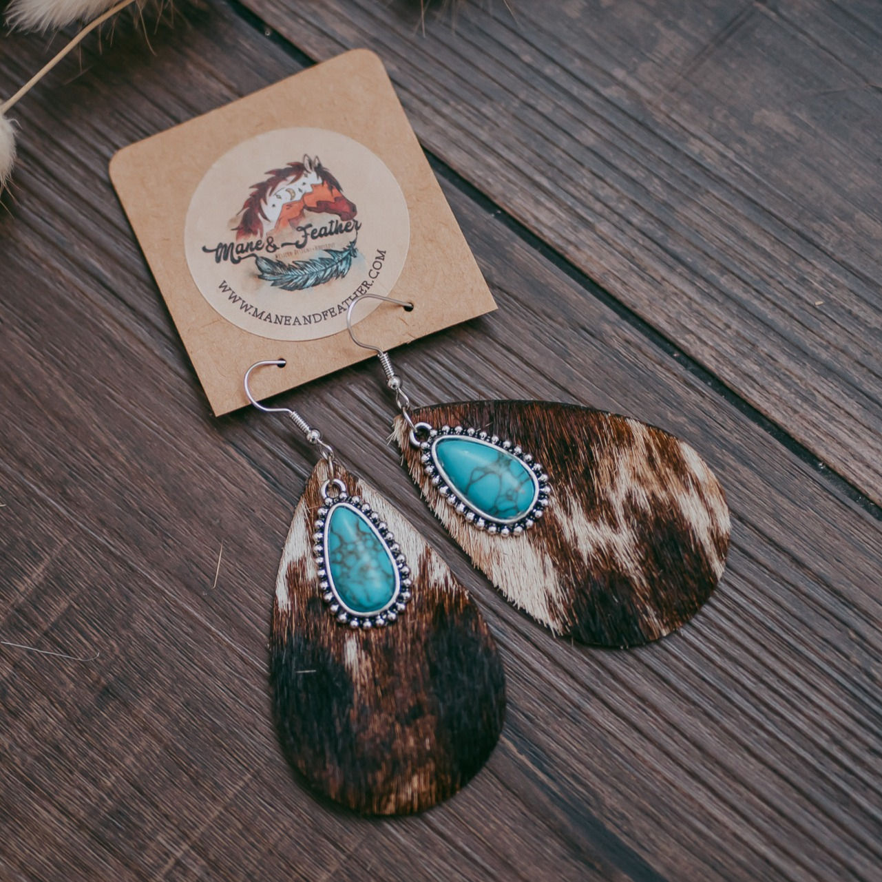 Genuine Cowhide with Turquoise Bead Earrings