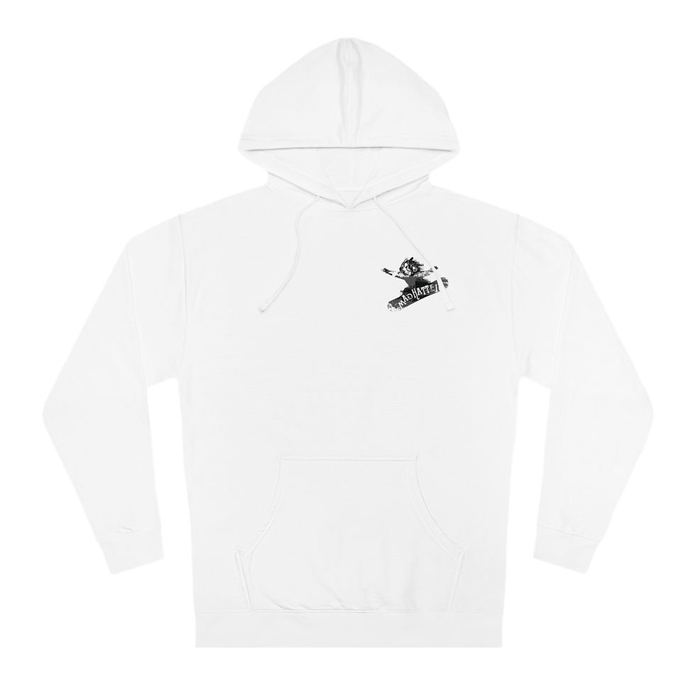 Thumbnail: white Mad Hatter wear winter hoodie with black yeti, find your edge  Graphic