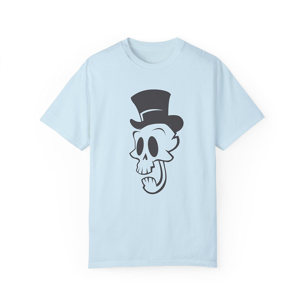 Thumbnail: Light Blue Mad Hatter T-Shirt with black Mad Hatter Skully graphic