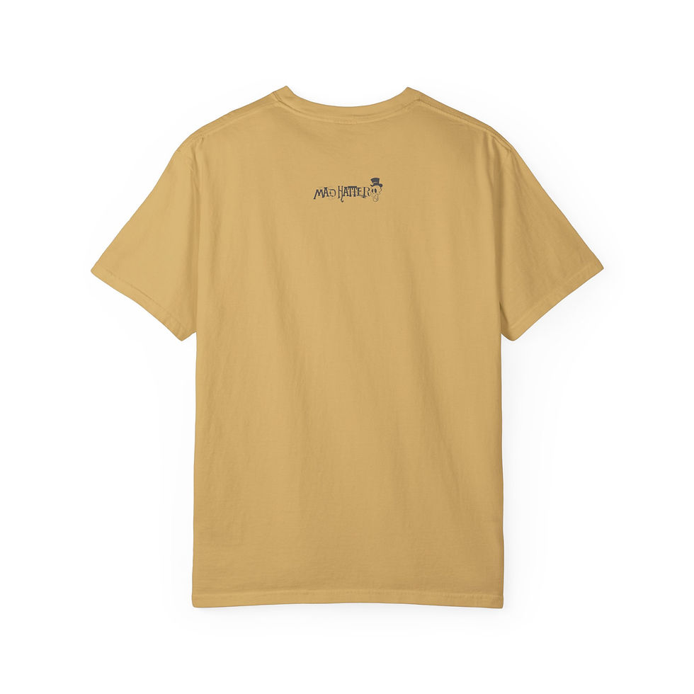 Thumbnail: Mustard Mad Hatter T-Shirt with black Mad Hatter Find your edge, Yeti graphic