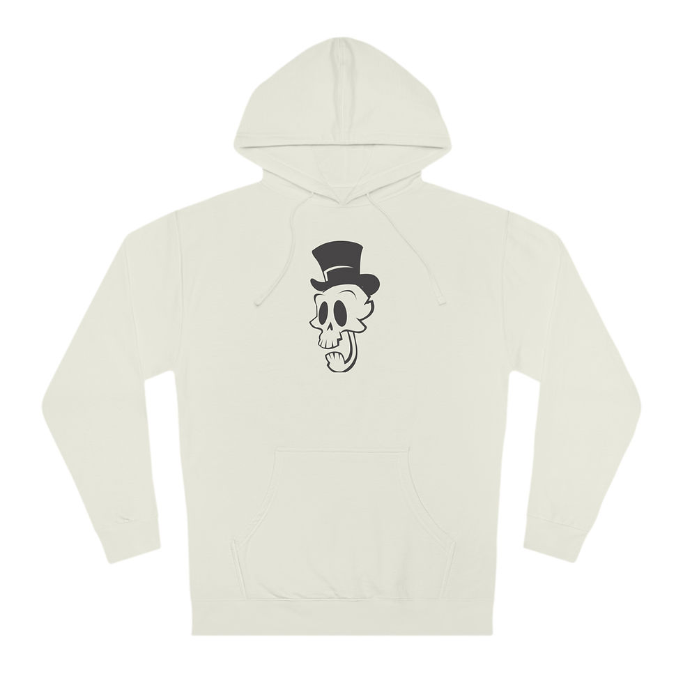 Thumbnail: off white Mad Hatter wear winter hoodie with black skully logo graphic