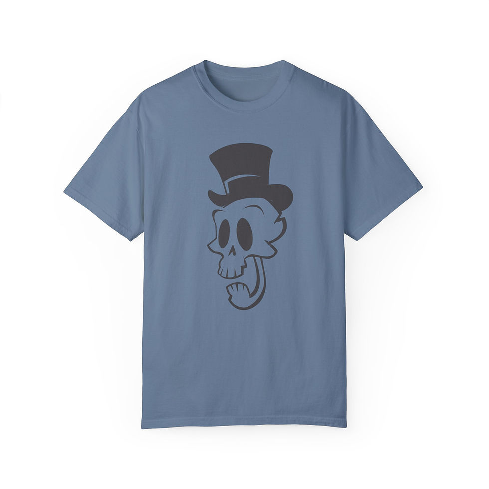 Thumbnail: Blue Mad Hatter T-Shirt with black Mad Hatter Skully graphic
