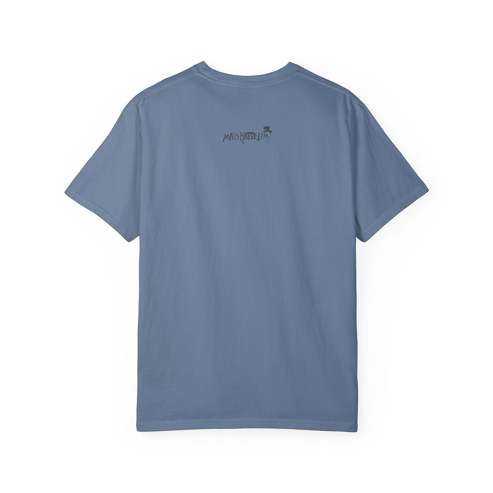 Thumbnail: Blue Grey Mad Hatter T-Shirt with black Mad Hatter Find your edge, Yeti graphic