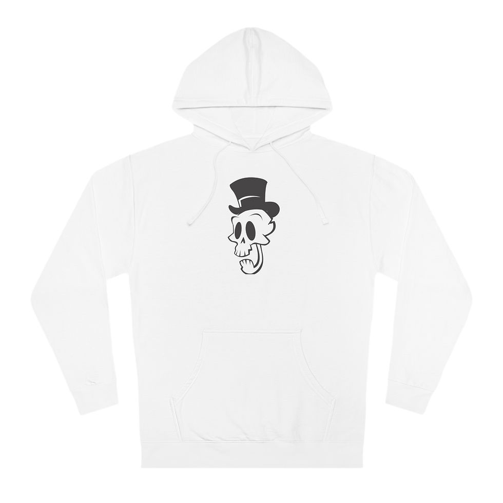 white Mad Hatter wear winter hoodie with black skully logo graphic