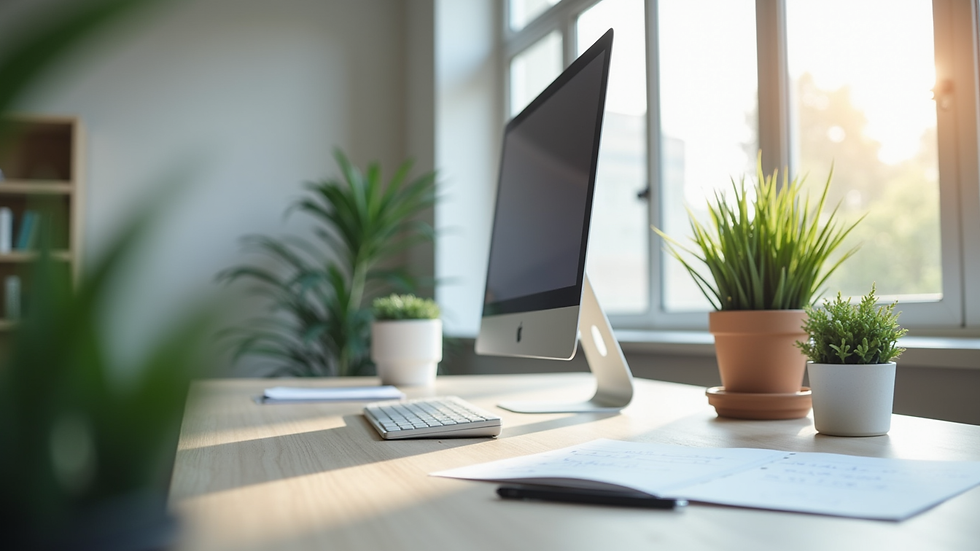 Eye-level view of a clean and modern office desk with a computer and plants