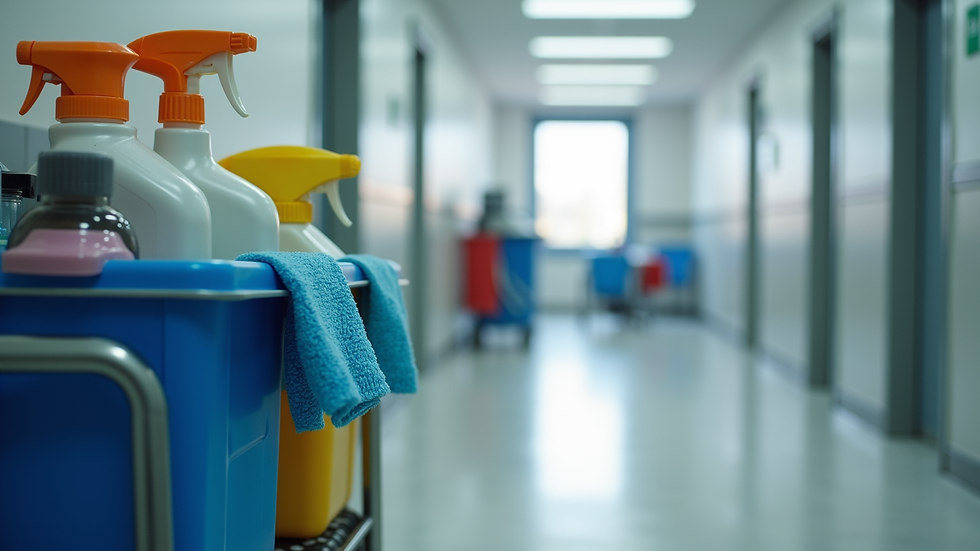 Close-up view of cleaning equipment and supplies on a cart in an office hallway