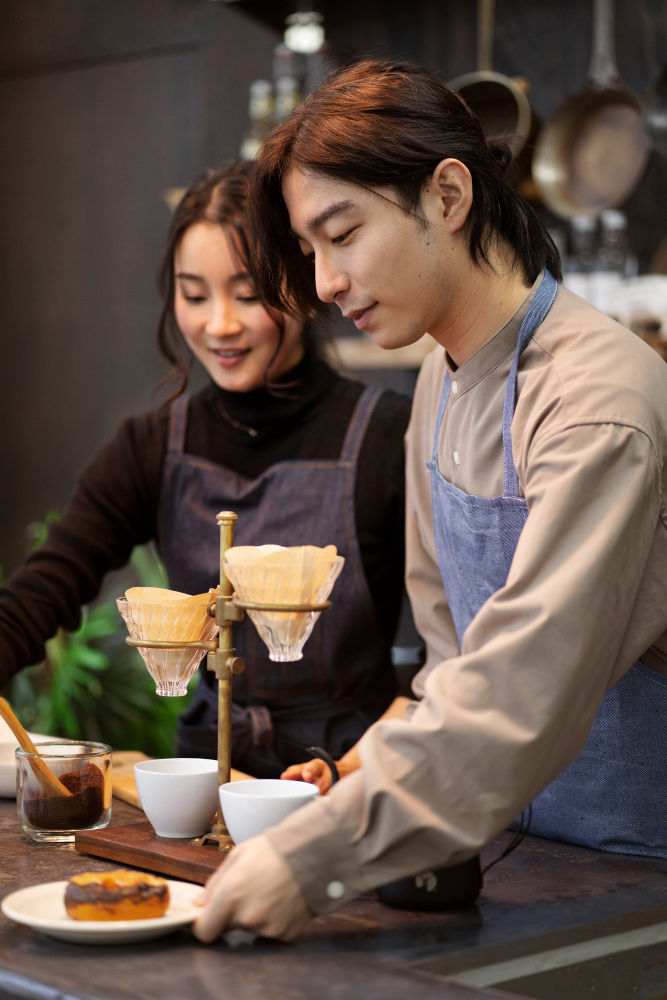 Cafe wait-staff serving coffee and pastry at the counter.