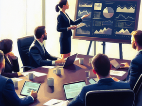 A female executive presenting charts to the team in a boardroom setting.