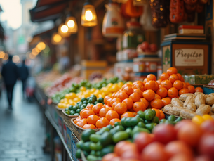 Stall displaying various products in a vibrant market setting