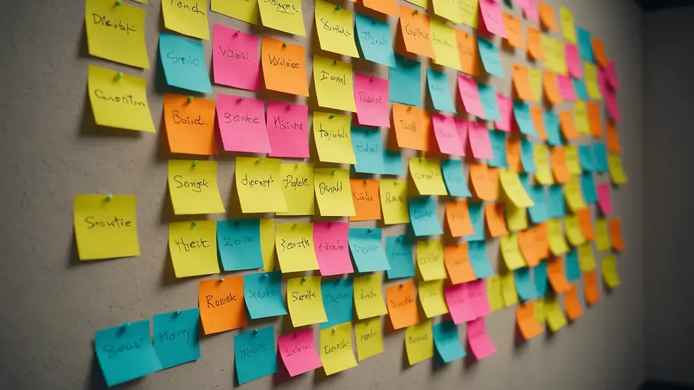 Eye-level view of a brainstorming session with sticky notes on a wall