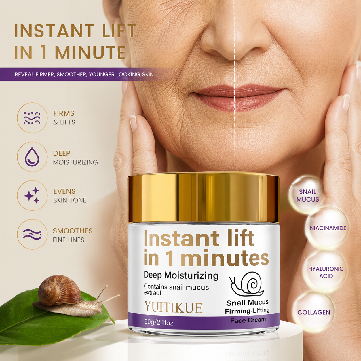YUITIKUE - Anti-Ageing Snail Mucin Cream – Instant Lift & Firming Care 60g