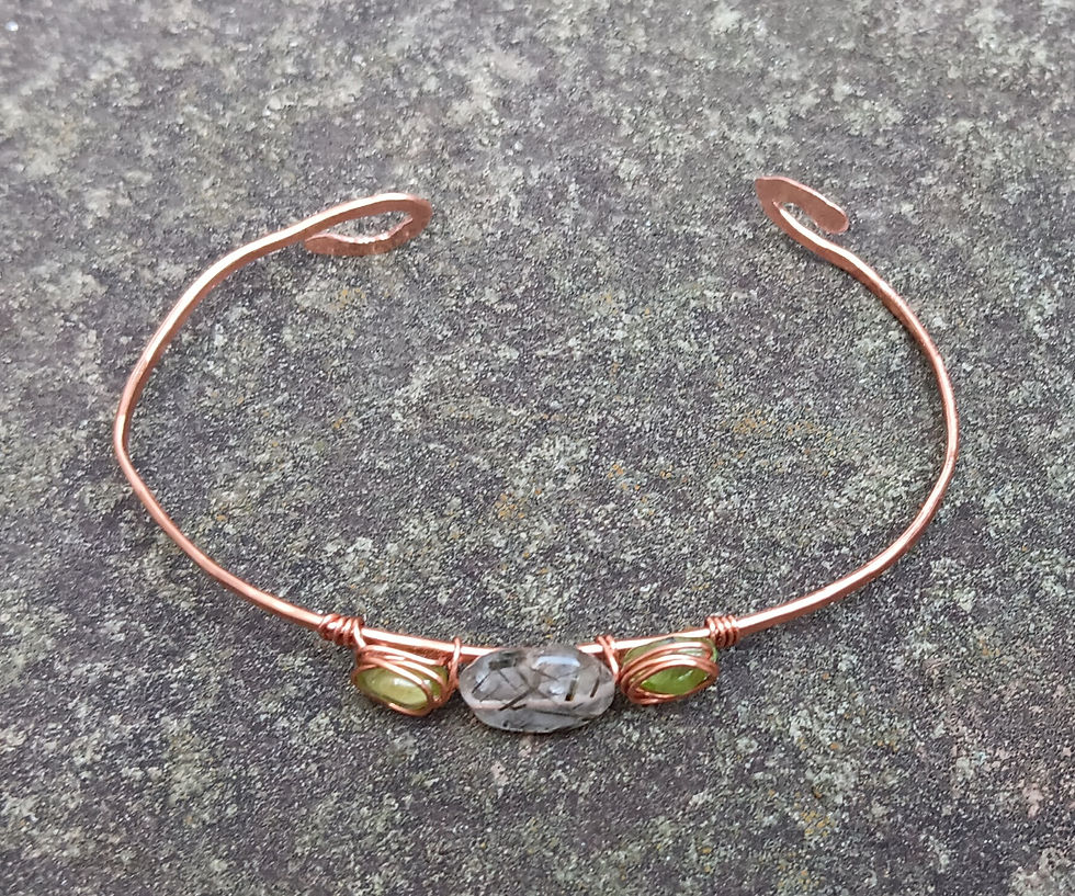 Thumbnail: Tourmalinated Quartz & Peridot Hammered Copper Cuff Bracelet