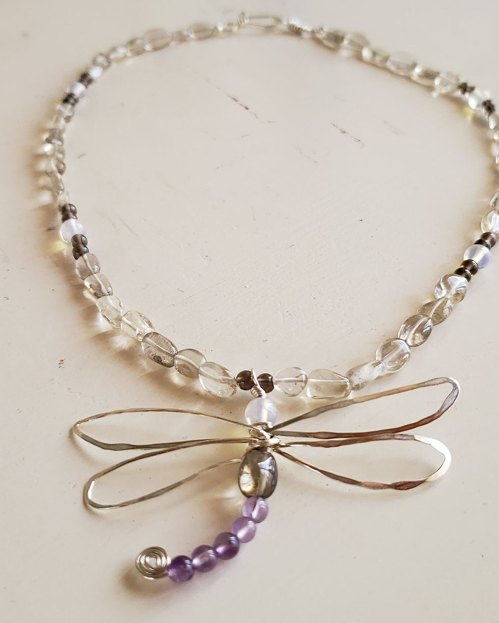 Thumbnail: Quartz, Smoky Quartz, Opalite and Amethyst Dragonfly Necklace