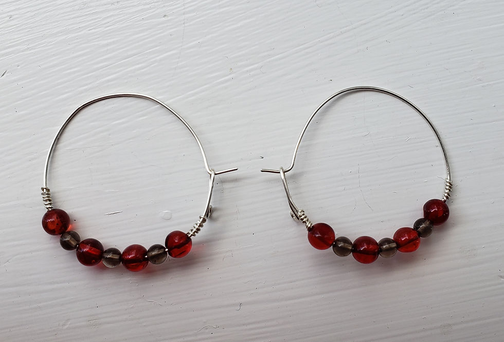 Thumbnail: Red Baltic Amber and Smoky Quartz Gemstone Earrings / Artsy Earrings