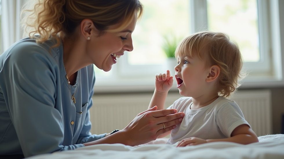 Eye-level view of a caregiver assisting a child with speech therapy exercises