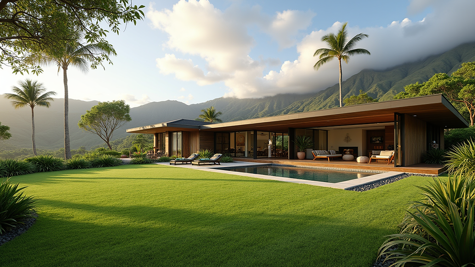 Wide angle view of a sustainable custom home surrounded by lush Maui landscape