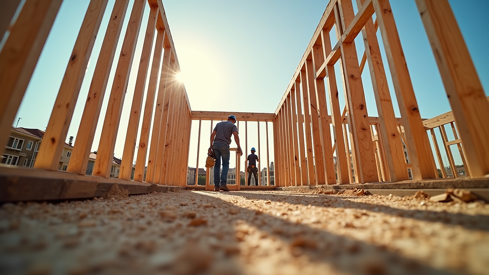 Eye-level view of a construction site with workers building a wooden frame of a house