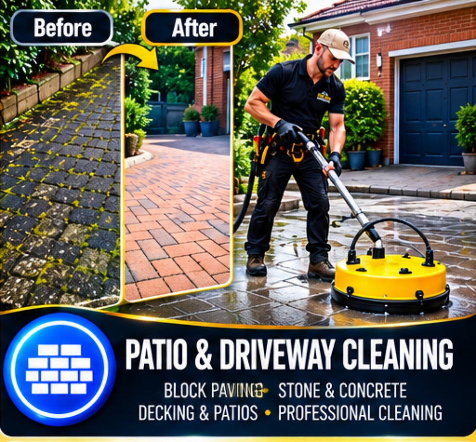 Patio and driveway cleaning illustration showing a man using a rotary surface cleaner, with before-and-after paving panels