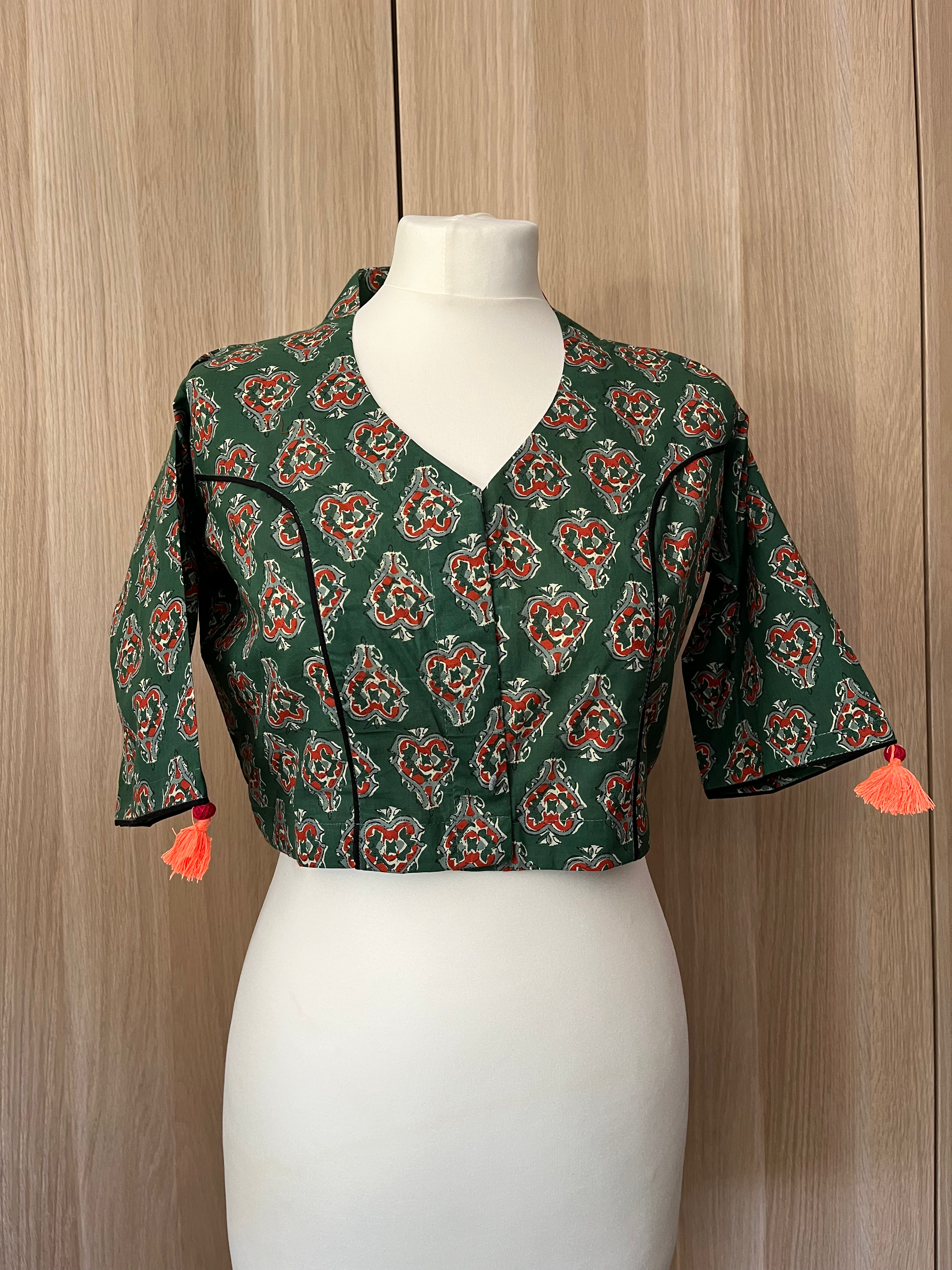Jaipuri Cotton Green High Collar Blouse