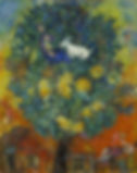 A painting of a man with a fiddle sitting in a tree with a goat. The tree has blooming yellow flowers. Below them a topless woman reclines on a house's roof. The sky is red with dusk and a moon rises.