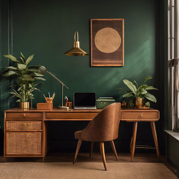 BROWN caned desk sitting centered in an office with a dark green accent wall behind it. In
