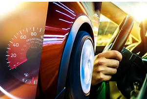 a blended image of someone inside a car showing a montage of car parts like the steering wheel that together convey speed