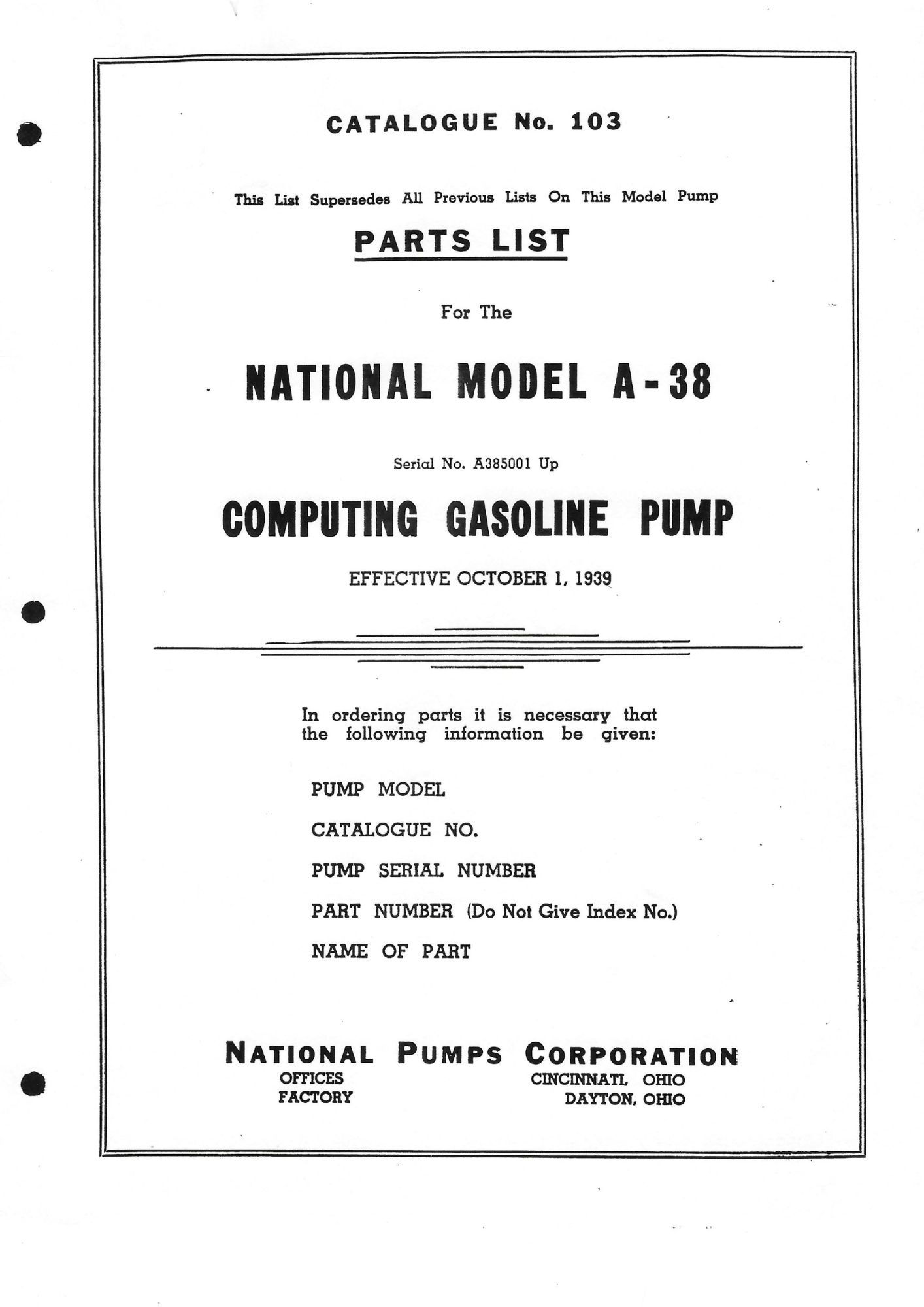 National A-38 Parts List
