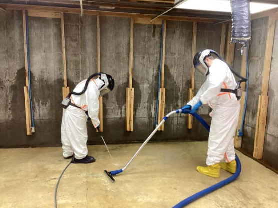 Two people in white hazmat suits clean a basement with hoses, surrounded by wooden beams and concrete walls. The mood is focused.