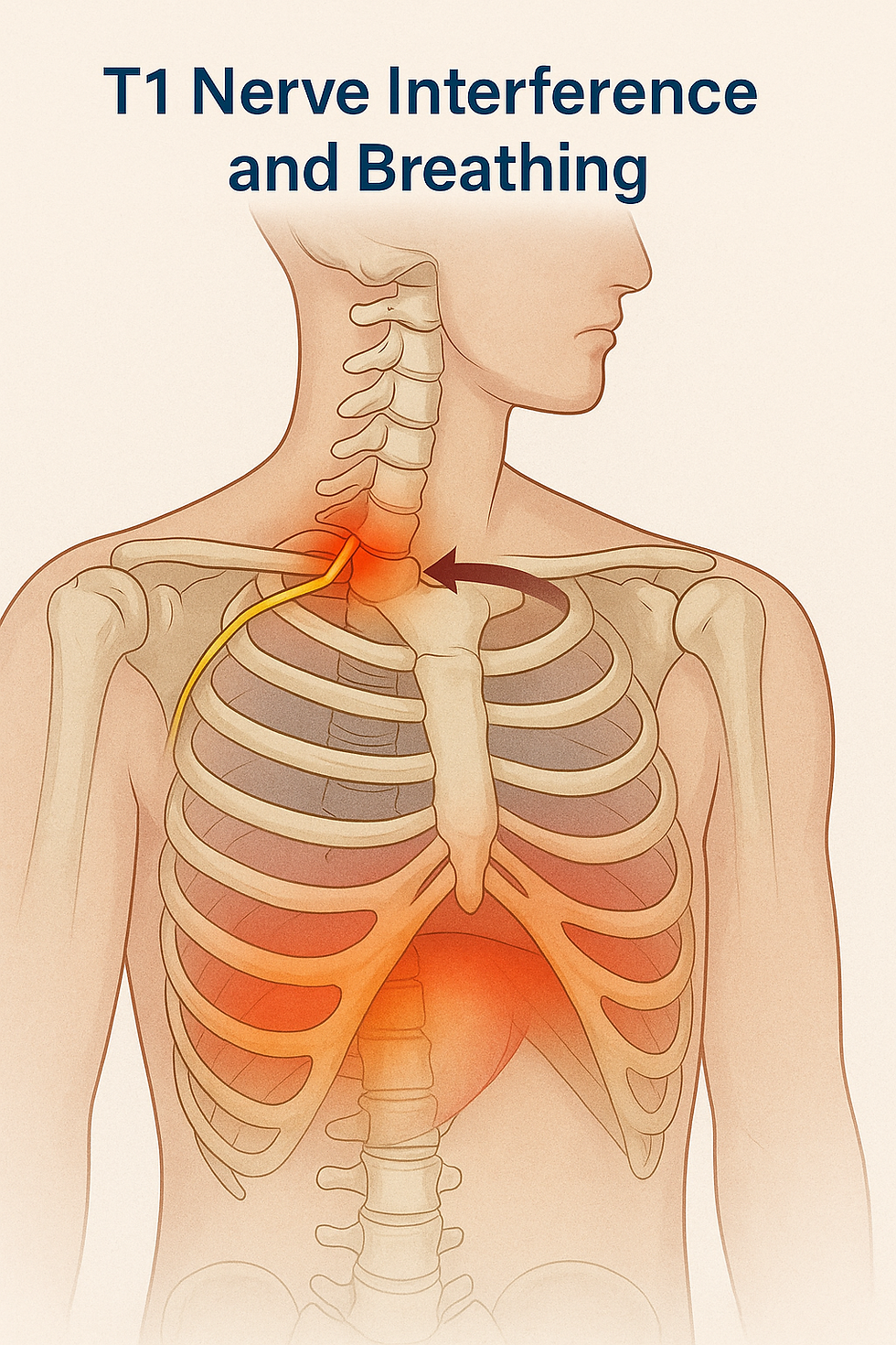 Detailed anatomical illustration showing T1 nerve interference affecting breathing, emphasizing the importance of chiropractic adjustments from Dr. Rory Dopps in Overland Park, KS.