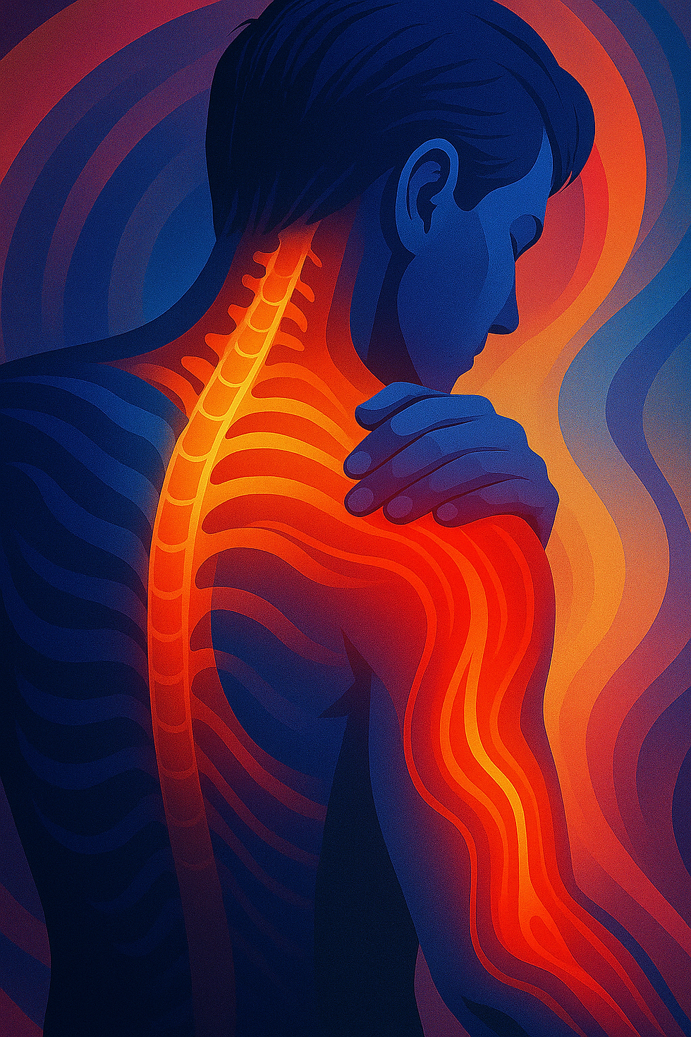 Abstract illustration of the C7 nerve radiating from the lower neck into the thorax and down the arm with pain highlighted in red.