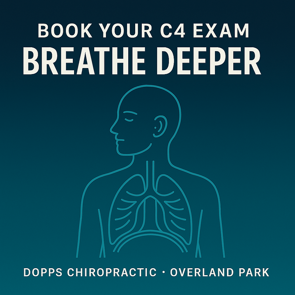 Gradient ad urging “Book your C4 exam—Breathe Deeper” with outline lungs; Dopps Chiropractic, Overland Park KS contact. 