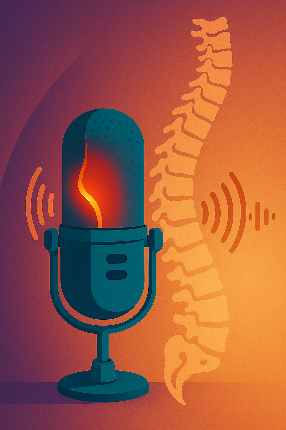 Modern microphone with stylized audio waves and spine motifs representing a wellness podcast.