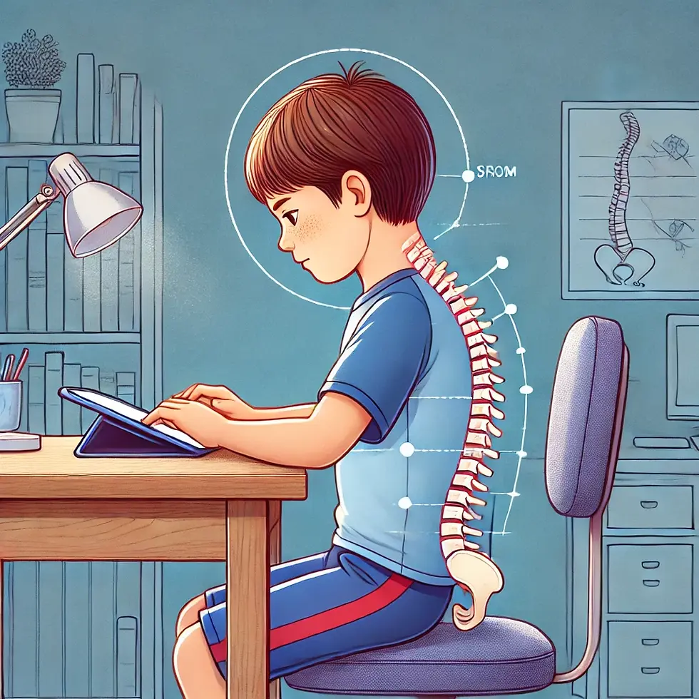 The image illustrates the importance of proper posture in children, highlighting how poor seating and screen habits can lead to spinal curvature disorders like hyperkyphosis, making it a powerful visual tool for educational purposes.