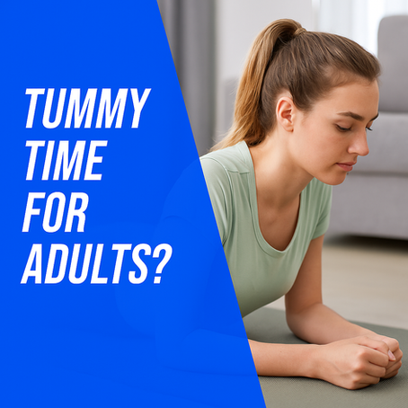 A young woman with dark hair lies on a textured rug in “adult tummy time” posture, with a bold blue slash overlay and text promoting tech neck correction.