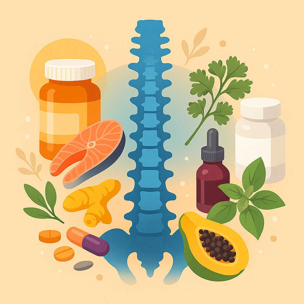 Abstract composition of supplements, herbs and healthy foods arranged around a spine silhouette.